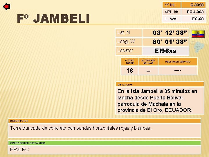 Nº Int. ARLH# Fº JAMBELI G. 3028 ECU-003 ILLW# Lat. N 03° 12’ 38”