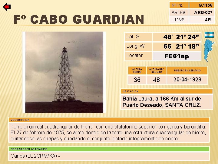 Nº Int. ARLH# Fº CABO GUARDIAN G. 1156 ARG-027 ILLW# Lat. S 48° 21’