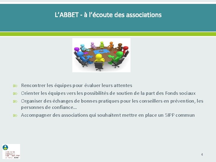 L’ABBET - à l’écoute des associations Rencontrer les équipes pour évaluer leurs attentes Orienter