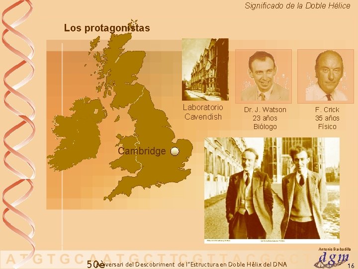 Significado de la Doble Hélice Los protagonistas Laboratorio Cavendish Dr. J. Watson 23 años