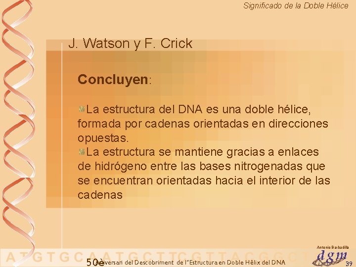 Significado de la Doble Hélice J. Watson y F. Crick Concluyen: La estructura del