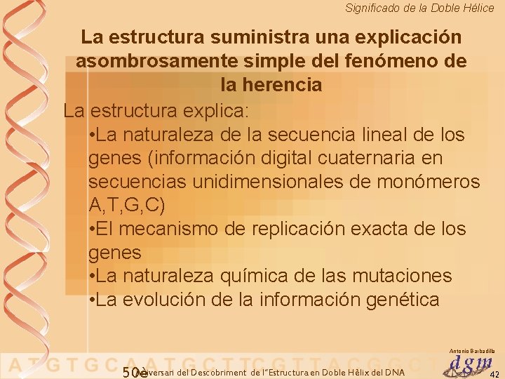Significado de la Doble Hélice La estructura suministra una explicación asombrosamente simple del fenómeno