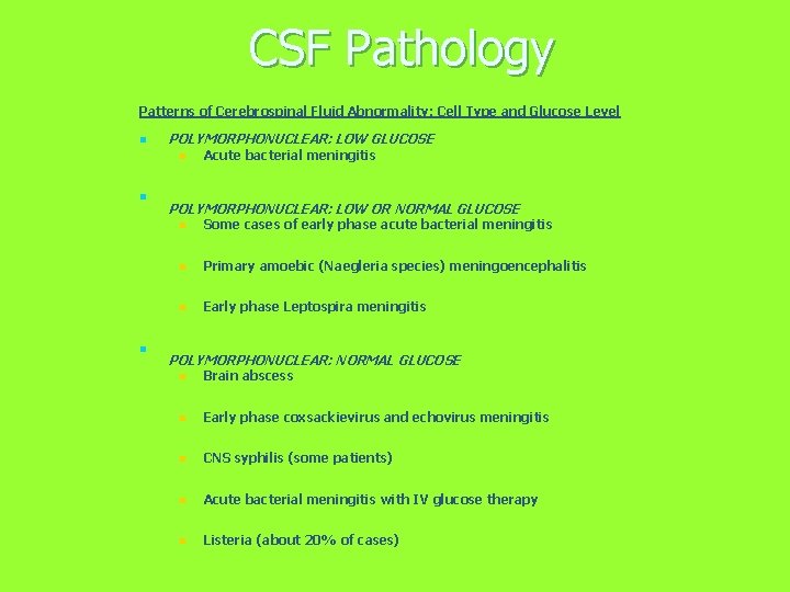 CSF Pathology Patterns of Cerebrospinal Fluid Abnormality: Cell Type and Glucose Level n POLYMORPHONUCLEAR: