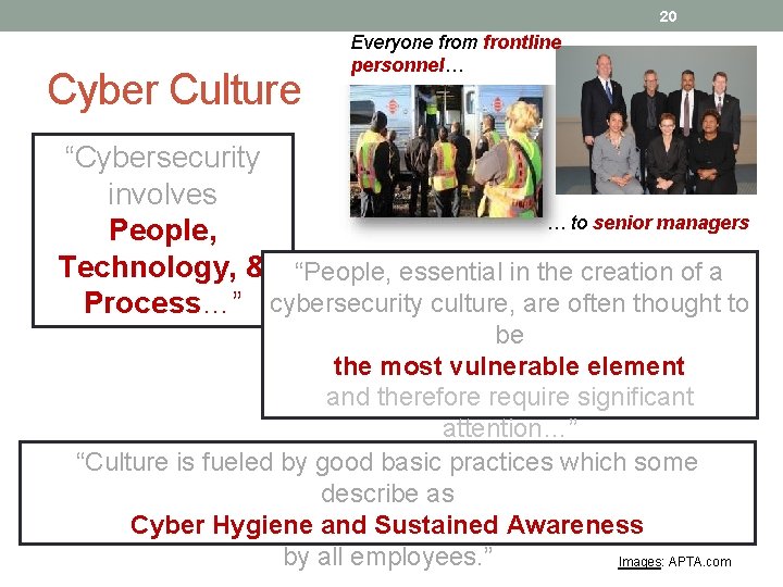 20 Cyber Culture Everyone from frontline personnel… “Cybersecurity involves … to senior managers People,