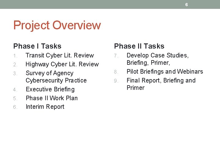 6 Project Overview Phase I Tasks 1. 2. 3. 4. 5. 6. Transit Cyber
