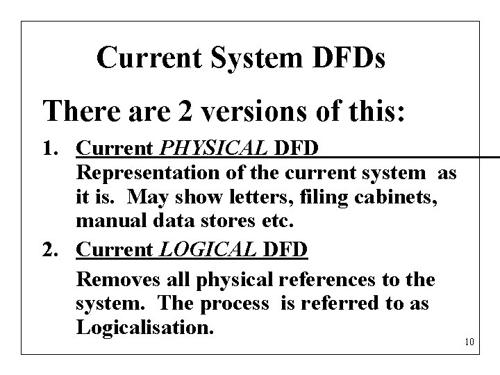 Current System DFDs There are 2 versions of this: 1. Current PHYSICAL DFD Representation
