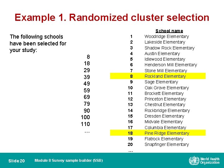 Example 1. Randomized cluster selection The following schools have been selected for your study: