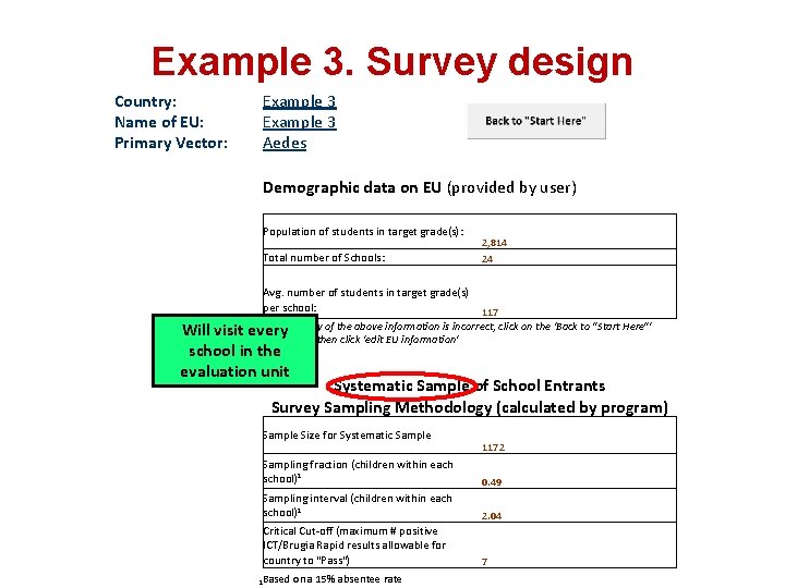 Example 3. Survey design Country: Name of EU: Primary Vector: Example 3 Aedes Demographic