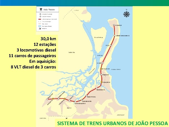 30, 0 km 12 estações 3 locomotivas diesel 11 carros de passageiros Em aquisição: