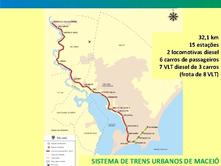 32, 1 km 15 estações 2 locomotivas diesel 6 carros de passageiros 7 VLT
