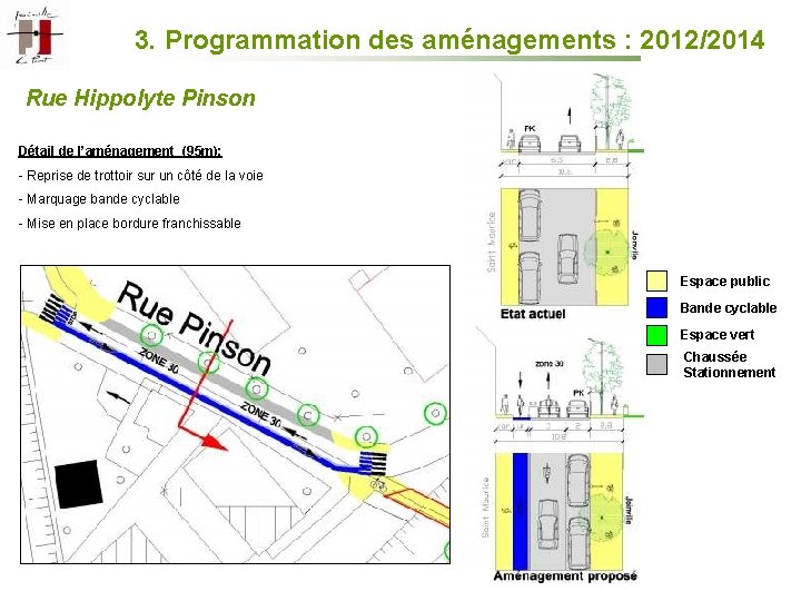 3. Programmation des aménagements : 2012/2014 Rue Hippolyte Pinson Détail de l’aménagement (95 m):