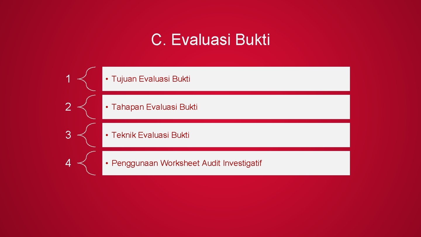 C. Evaluasi Bukti 1 • Tujuan Evaluasi Bukti 2 • Tahapan Evaluasi Bukti 3