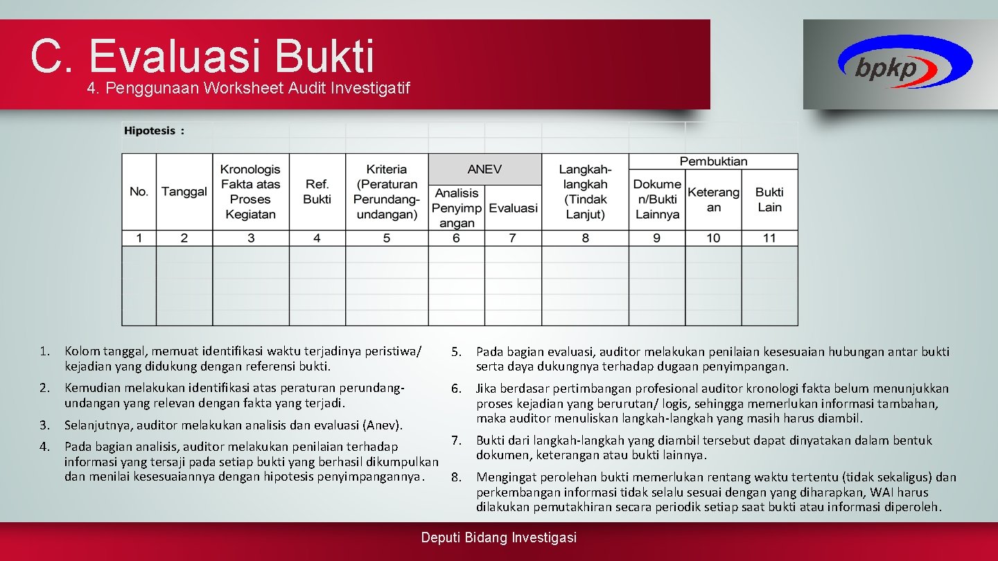 C. Evaluasi Bukti 4. Penggunaan Worksheet Audit Investigatif 1. Kolom tanggal, memuat identifikasi waktu