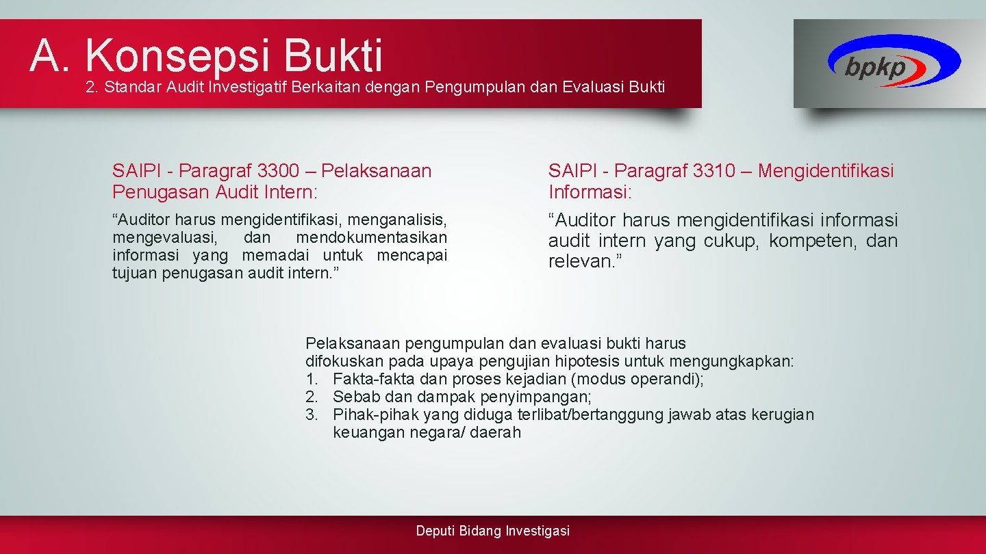 A. Konsepsi Bukti 2. Standar Audit Investigatif Berkaitan dengan Pengumpulan dan Evaluasi Bukti SAIPI