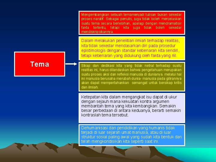 Mengembangkan sebuah temamenjadi tulisan bukan sekedar proses naratif. Sebagai penulis, juga tidak boleh menjelaskan