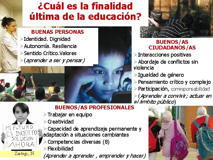 ¿Cuál es la finalidad última de la educación? BUENAS PERSONAS Identidad. Dignidad Autonomía. Resiliencia