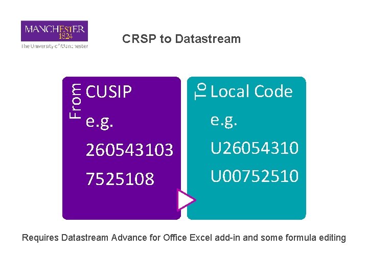 CRSP to Datastream e. g. 260543103 7525108 Local Code To From CUSIP e. g.