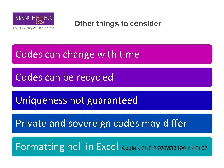 Other things to consider Codes can change with time Codes can be recycled Uniqueness