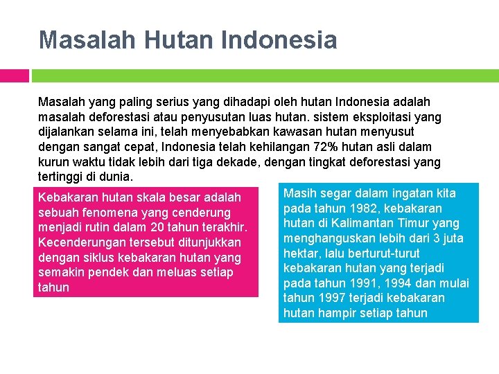 Masalah Hutan Indonesia Masalah yang paling serius yang dihadapi oleh hutan Indonesia adalah masalah