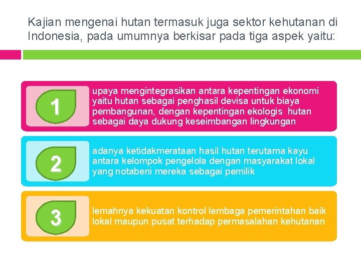 Kajian mengenai hutan termasuk juga sektor kehutanan di Indonesia, pada umumnya berkisar pada tiga