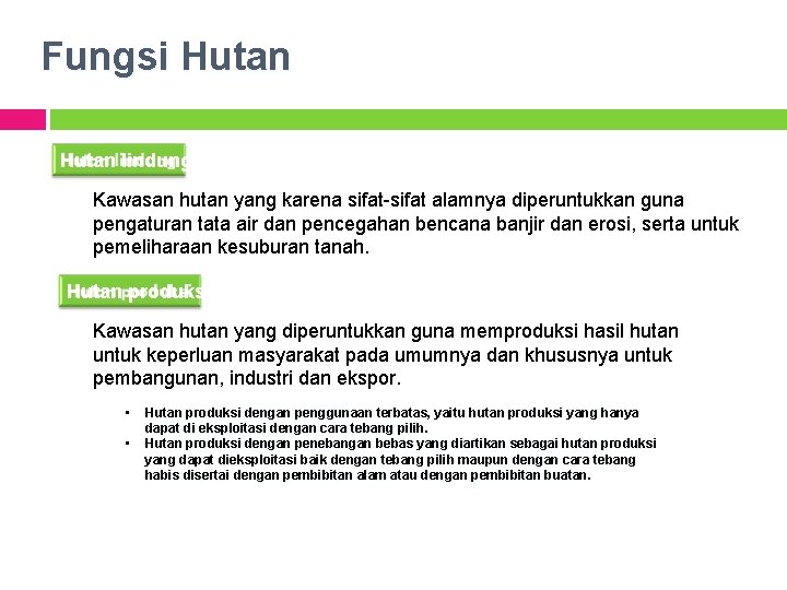 Fungsi Hutan lindung Kawasan hutan yang karena sifat-sifat alamnya diperuntukkan guna pengaturan tata air