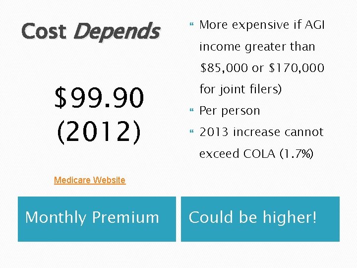 Cost Depends More expensive if AGI income greater than $85, 000 or $170, 000