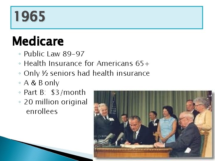 1965 Medicare ◦ ◦ ◦ Public Law 89 -97 Health Insurance for Americans 65+