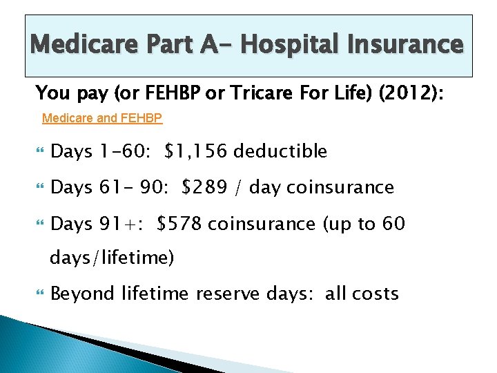 Medicare Part A- Hospital Insurance You pay (or FEHBP or Tricare For Life) (2012):
