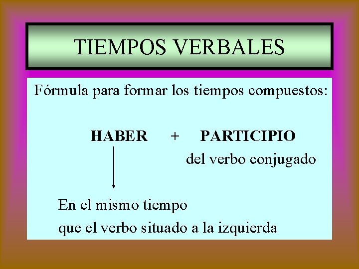 TIEMPOS VERBALES Fórmula para formar los tiempos compuestos: HABER + PARTICIPIO del verbo conjugado