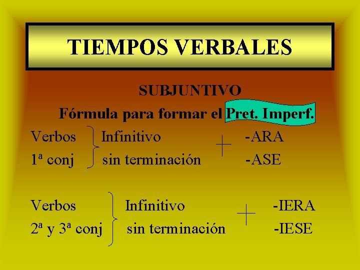 TIEMPOS VERBALES SUBJUNTIVO Fórmula para formar el Pret. Imperf. Verbos Infinitivo -ARA 1ª conj