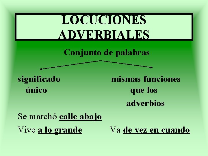 LOCUCIONES ADVERBIALES Conjunto de palabras significado único mismas funciones que los adverbios Se marchó