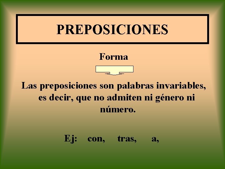 PREPOSICIONES Forma Las preposiciones son palabras invariables, es decir, que no admiten ni género