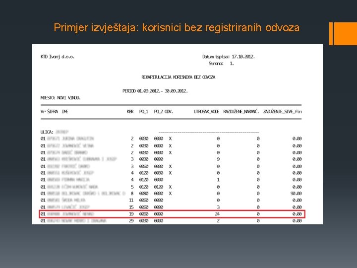 Primjer izvještaja: korisnici bez registriranih odvoza 