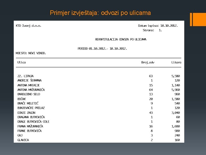 Primjer izvještaja: odvozi po ulicama 