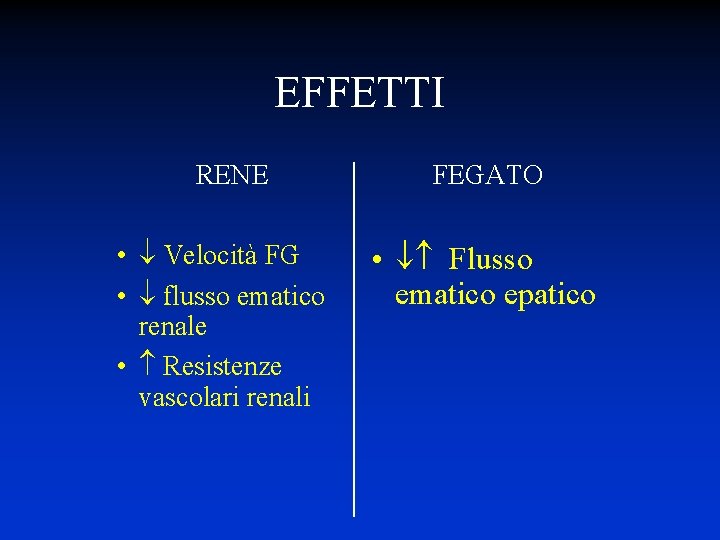 EFFETTI RENE • Velocità FG • flusso ematico renale • Resistenze vascolari renali FEGATO