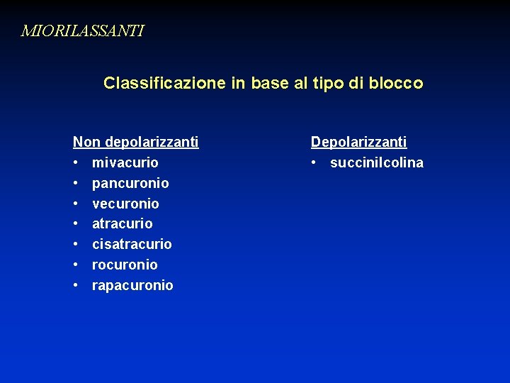 MIORILASSANTI Classificazione in base al tipo di blocco Non depolarizzanti • mivacurio • pancuronio