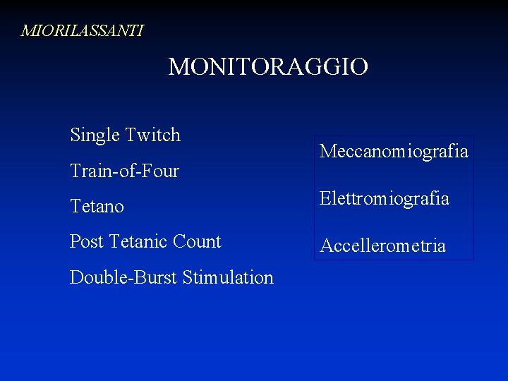 MIORILASSANTI MONITORAGGIO Single Twitch Train-of-Four Meccanomiografia Tetano Elettromiografia Post Tetanic Count Accellerometria Double-Burst Stimulation