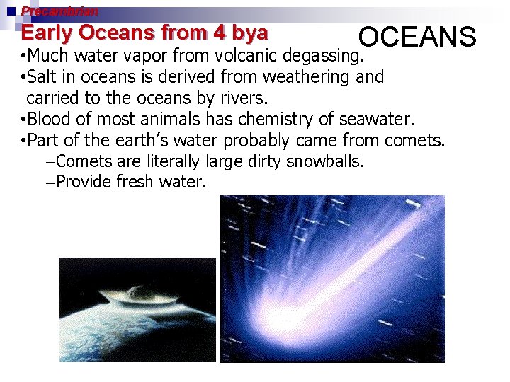 Precambrian Early Oceans from 4 bya OCEANS • Much water vapor from volcanic degassing.