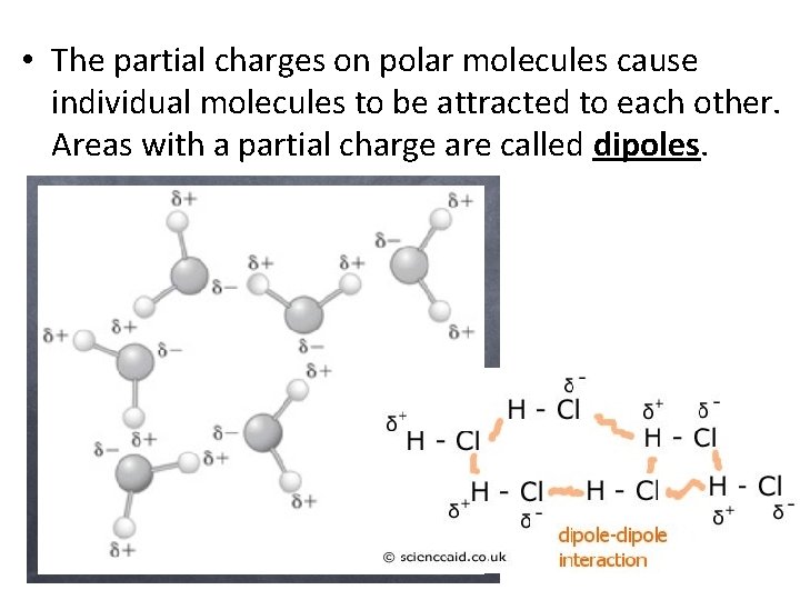  • The partial charges on polar molecules cause individual molecules to be attracted