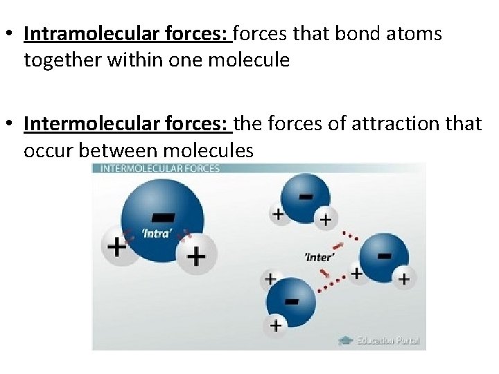  • Intramolecular forces: forces that bond atoms together within one molecule • Intermolecular