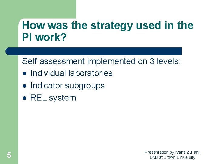 How was the strategy used in the PI work? Self-assessment implemented on 3 levels: