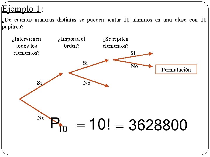 Ejemplo 1: ¿De cuántas maneras distintas se pueden sentar 10 alumnos en una clase