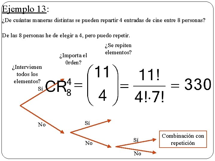 Ejemplo 13: ¿De cuántas maneras distintas se pueden repartir 4 entradas de cine entre