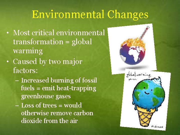 Environmental Changes • Most critical environmental transformation = global warming • Caused by two