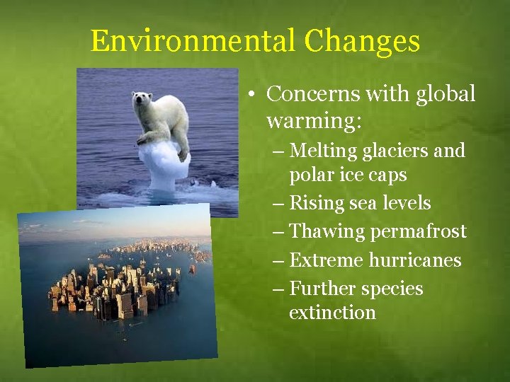 Environmental Changes • Concerns with global warming: – Melting glaciers and polar ice caps