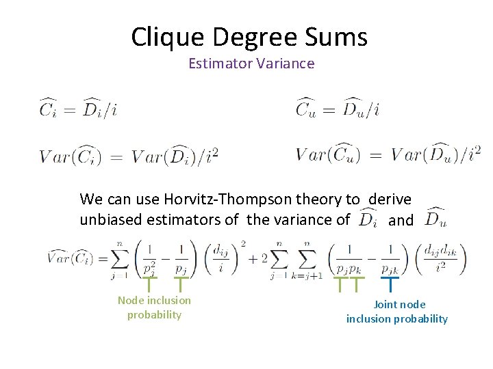 Clique Degree Sums Estimator Variance We can use Horvitz-Thompson theory to derive unbiased estimators