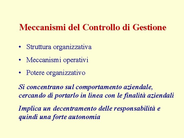 Meccanismi del Controllo di Gestione • Struttura organizzativa • Meccanismi operativi • Potere organizzativo