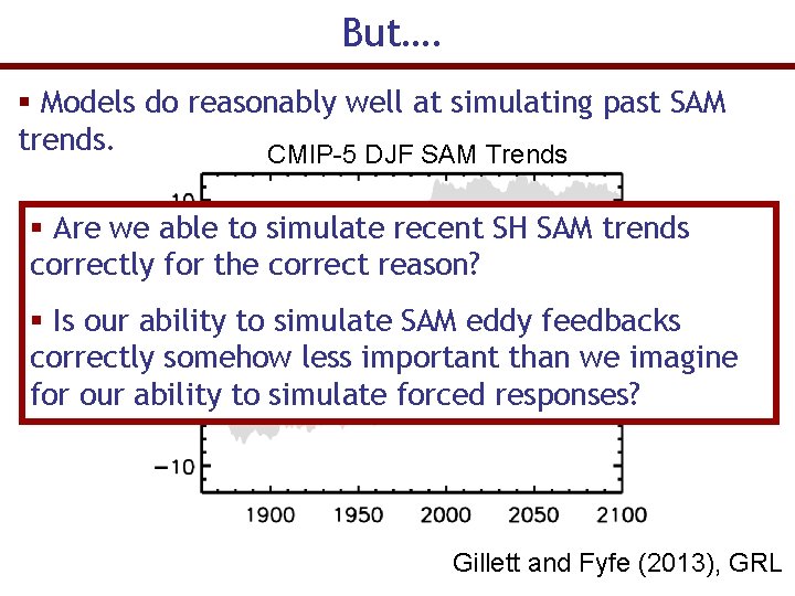 But…. § Models do reasonably well at simulating past SAM trends. CMIP-5 DJF SAM