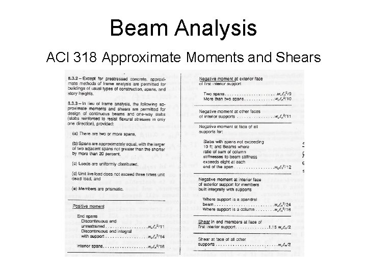 Beam Analysis ACI 318 Approximate Moments and Shears 