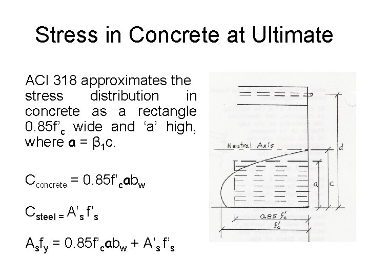 Stress in Concrete at Ultimate ACI 318 approximates the stress distribution in concrete as